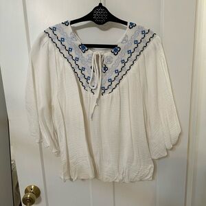 Easel White Blouse with Blue Embroidery